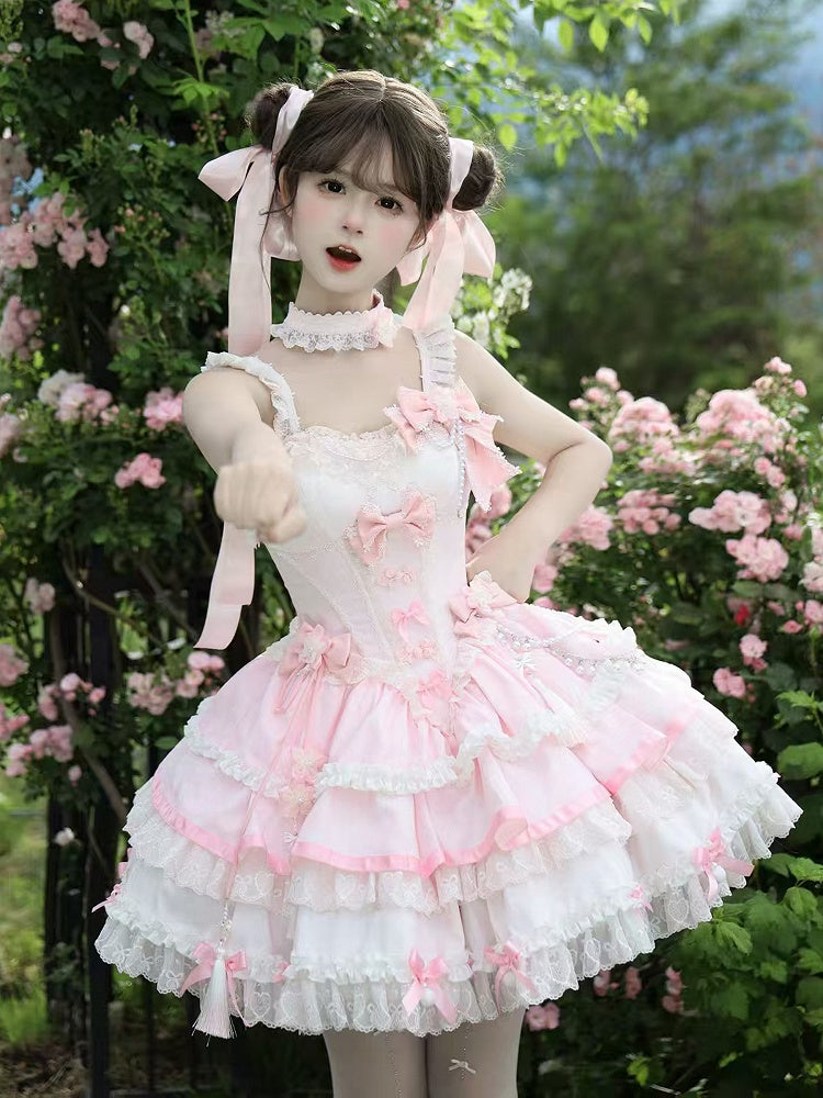 Kleid Lolita Akzente Ketten Perlen Rosa Taille Blume und Korsett Schleife Qi
