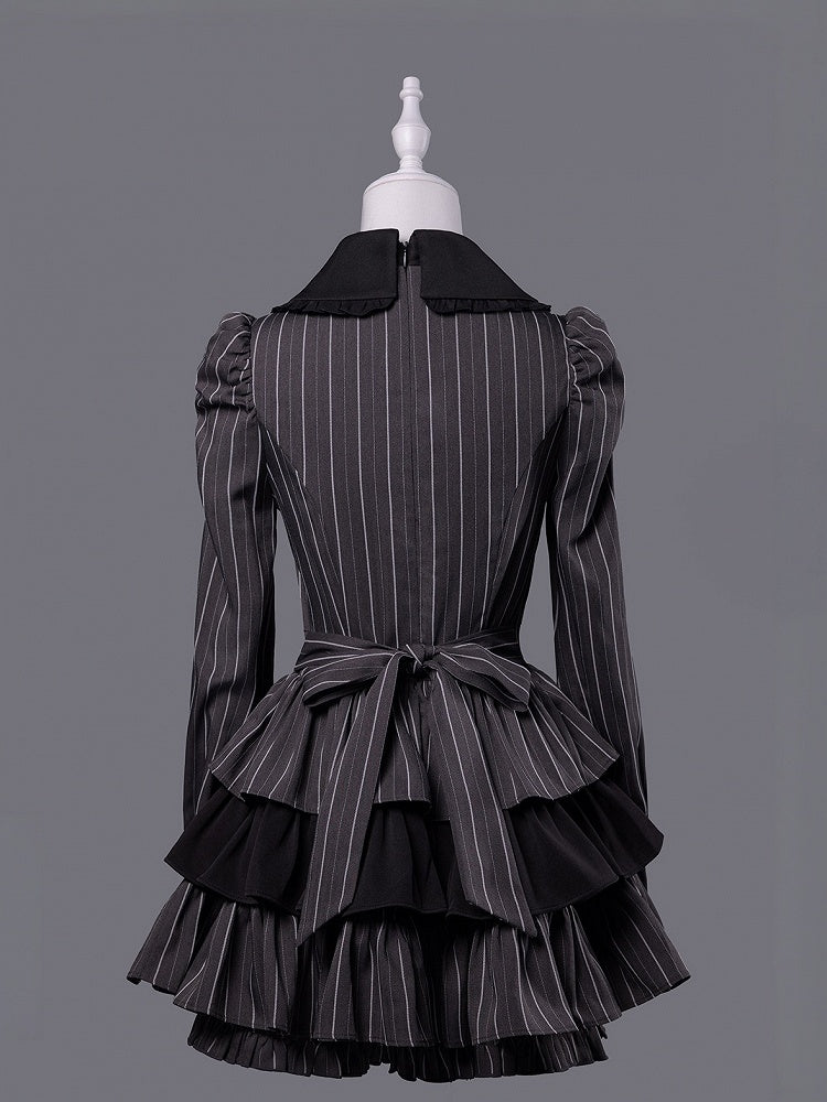 Black Gray Jirai Kei Striped Collared Tiered Ruffle Dress Set - Fluffy Heart