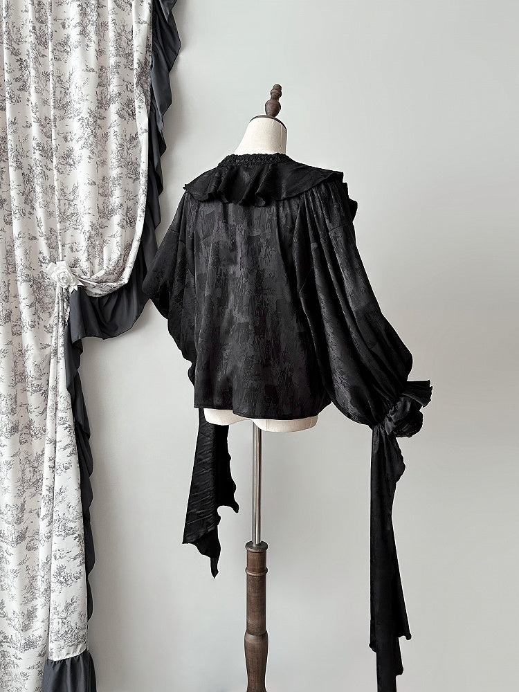 Structured Shirt V-neck Black Gothic Ruffles Long Sleeves Lolita