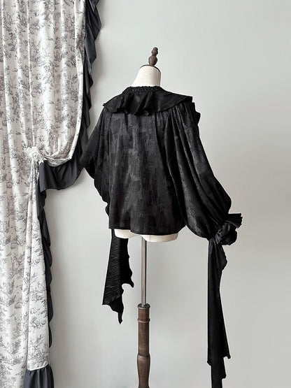 Structured Shirt V-neck Black Gothic Ruffles Long Sleeves Lolita