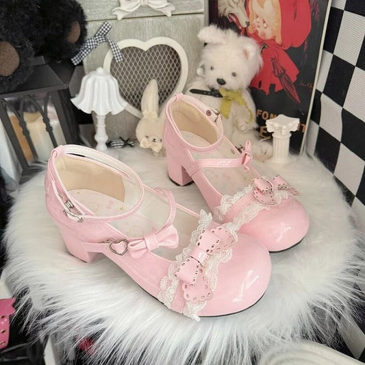 Lolita Mary Sweet Heel Toe Shoes Pink Mid Bowknot - Jane Round
