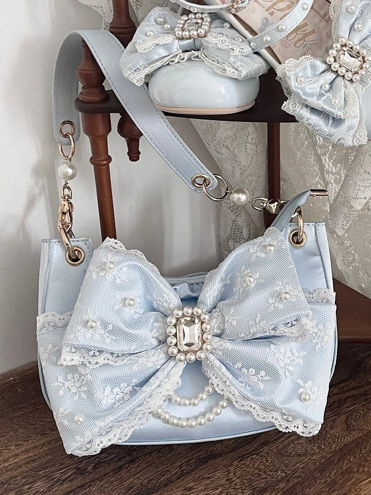 Blue Sweet Lolita Satin Underarm Bag with Crystal Bow - Sheep Puff Bag