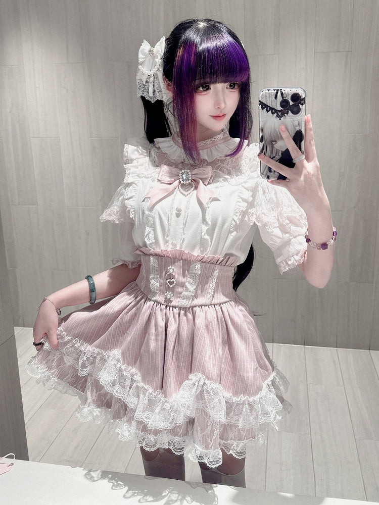 Pink Landmine Style Lace Trim High-Waist Skirt - Virtual Paradise