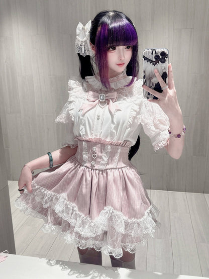 Pink Landmine Style Lace Trim High-Waist Skirt - Virtual Paradise