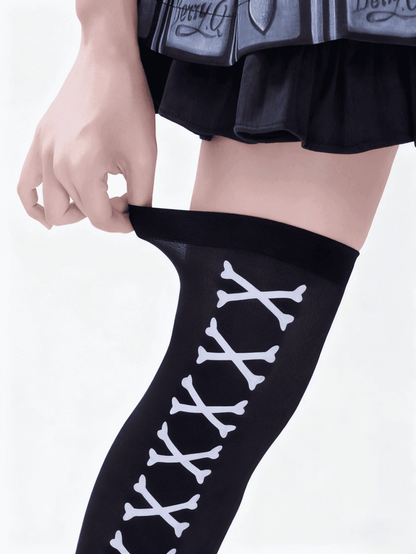 Asymmetrical Pattern Halloween Black Crossbones Gothic White Design Stockings Striped