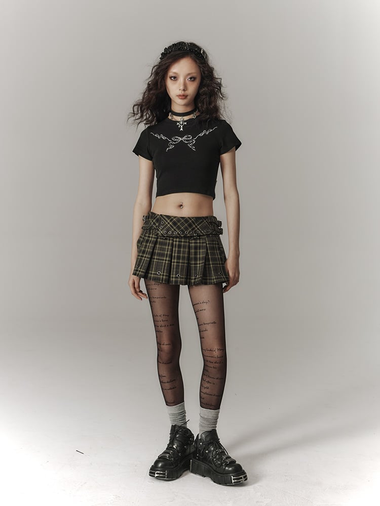 with Cutout Print Black T-Shirt Cropped Trim Bow Punk Lace White Back
