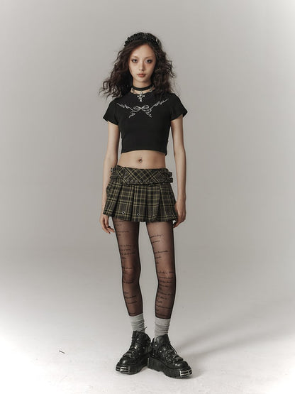 with Cutout Print Black T-Shirt Cropped Trim Bow Punk Lace White Back