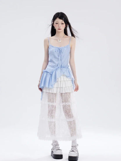 キャミソールトップ ブルー ストライプ柄 アシンメトリーヘム