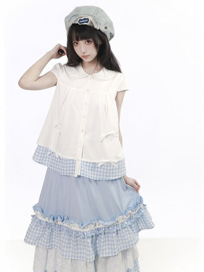White Gingham Peter Pan Collar Blouse - PINK SAVIOR