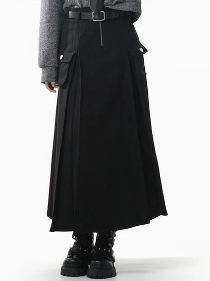 Accented Pockets Black Heart Belt Bittersweet A-Line High Set Waist Skirt with