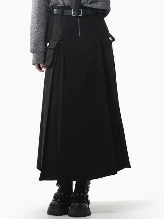 Accented Pockets Black Heart Belt Bittersweet A-Line High Set Waist Skirt with