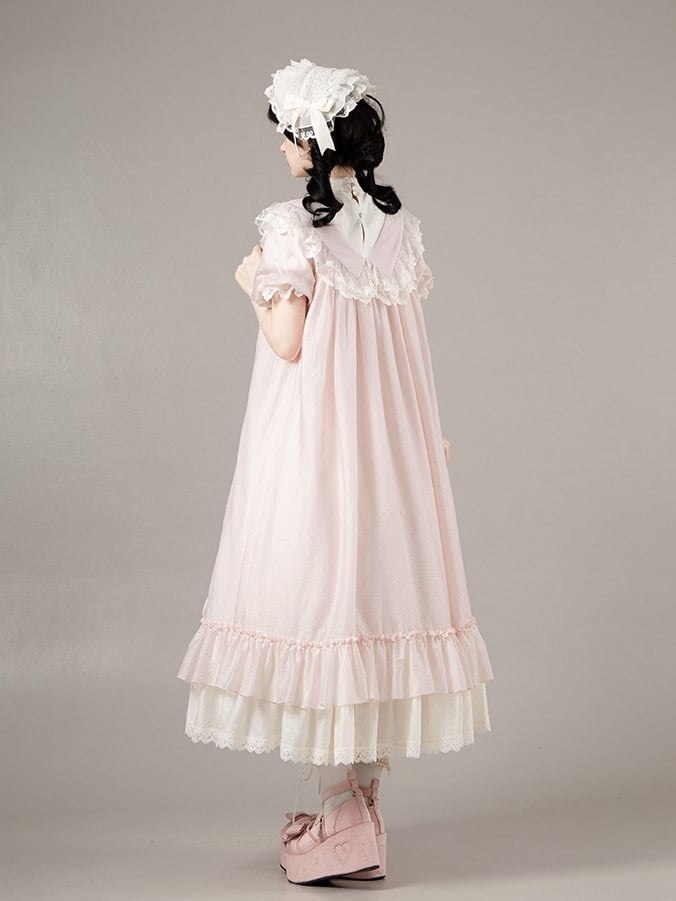 Loose Drawstring Pink Sleeves Lolita Rosette Embroidery Short Details Dress with