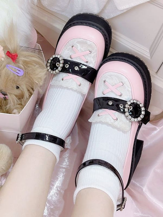 Kei Style Heels Schuhe Schwarz Jirai und Pink Landmine Chunky Platform