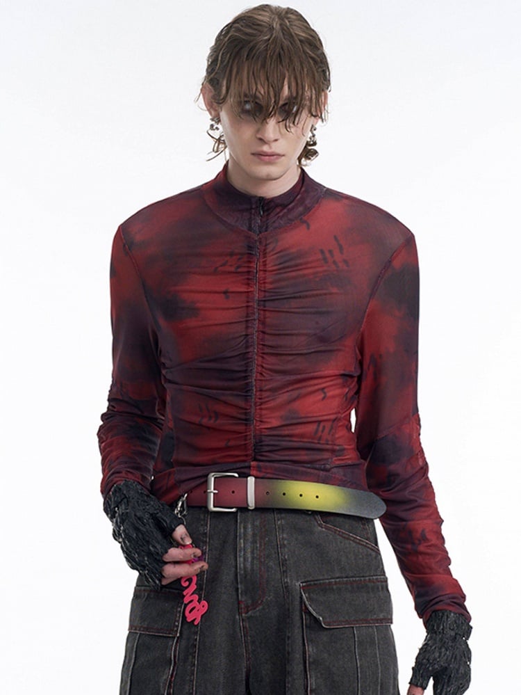 Red Top Ruffle Men Detail Neck for - Mock Closure Long Zip with Sleeve Black