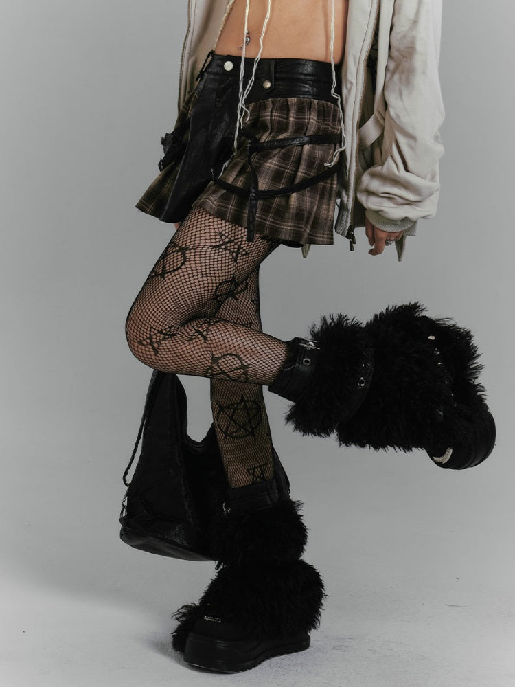 Buckle Brown Plaid Patchwork Design Fashion PU Skirt Punk Millard Straps Vintage