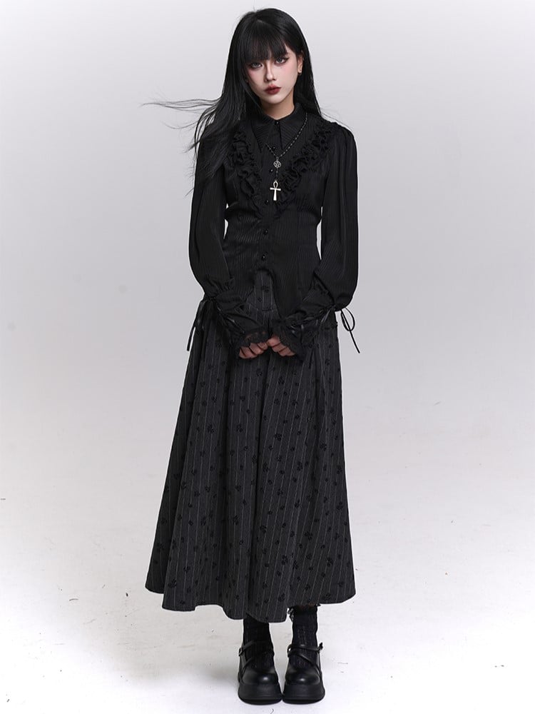 Gothic Dark Gray Striped High Waist Skirt with Lace-Up Back