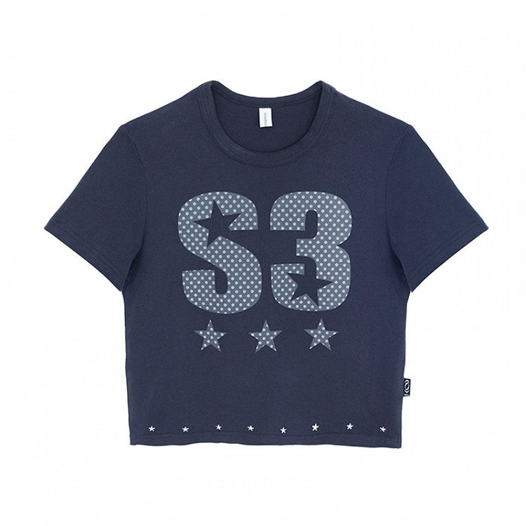 Navy Letter Print Tee with Star Studs - innomoood