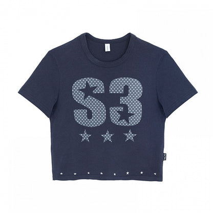Navy Letter Print Tee with Star Studs - innomoood