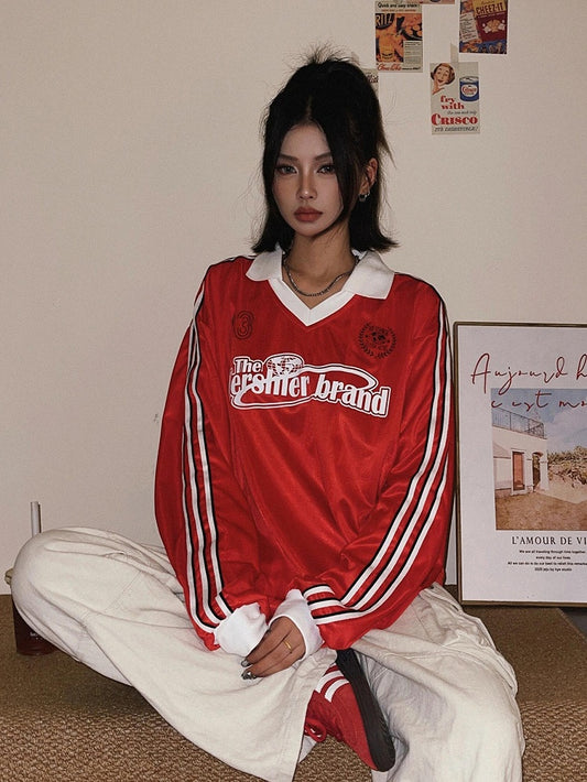 Red Sweatshirt White with Sport Vintage Stripes Side
