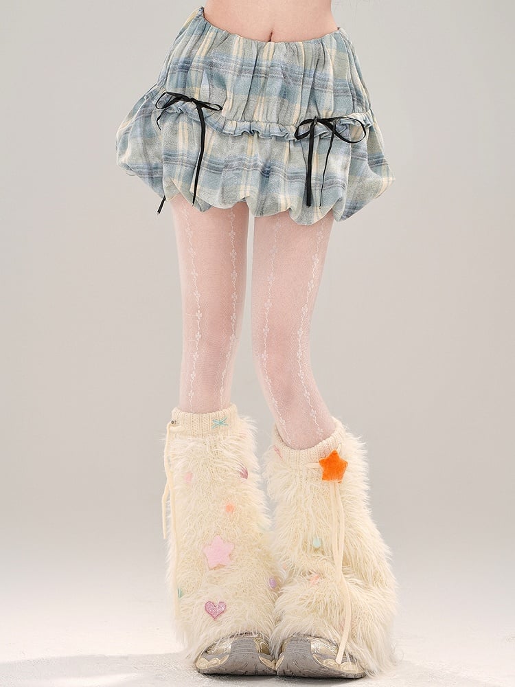 ブルーディテールスカート チェック柄 バブル ボウノット