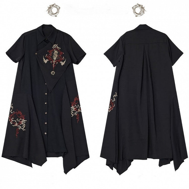Asymmetrical Dragon Embroidery Long Dress - Qing Tang Original