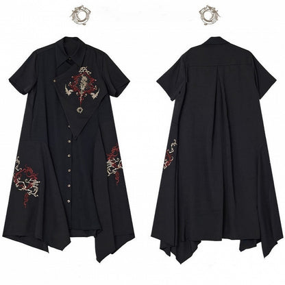 Asymmetrical Dragon Embroidery Long Dress - Qing Tang Original