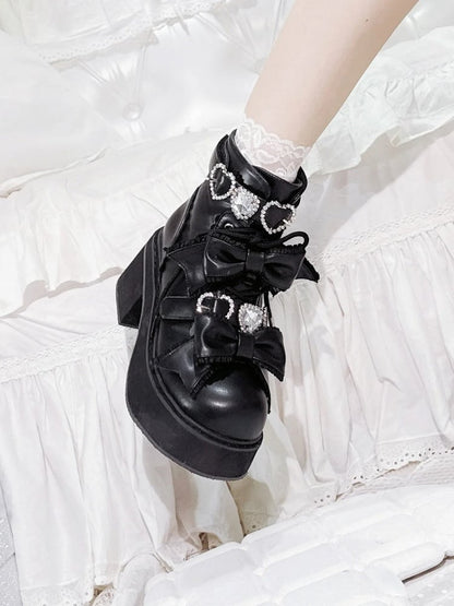 Lace-up with Jirai Buckles Rhinestones Platform Matte Boots Sweetheart Short Ankle Kei Black