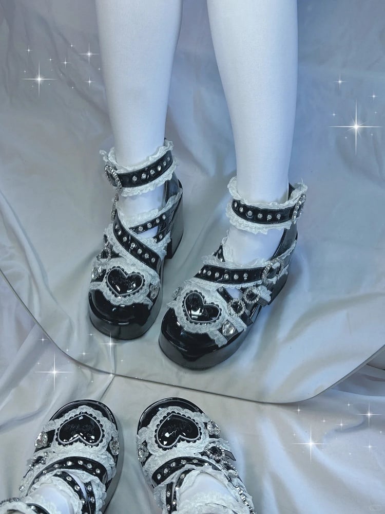 Jirai-Schnalle mit Strass-Blockzehe und Spitze, High Heel, verzierte schwarze Riemchenschuhe: Rundes Cross-Plateau Kei