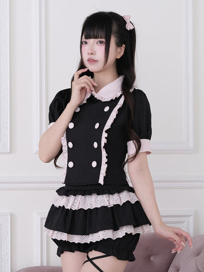 Black Pink Jirai Kei Double-Breasted Ruffled Crop Top - No Genki