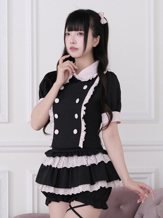 Black Pink Jirai Kei Double-Breasted Ruffled Crop Top - No Genki