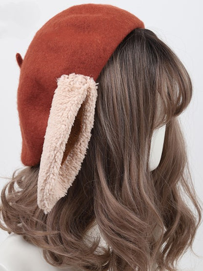 Lop-eared Lolita Bunny Beret Sweet Khaki/Red