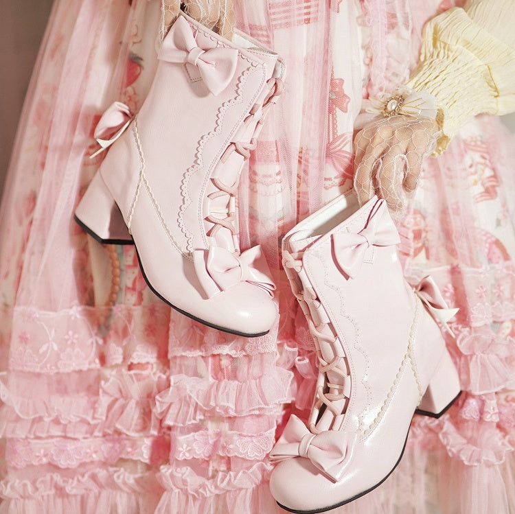 Decor Lolita with Boots Scalloped PU Edges Pink Sweet Bow