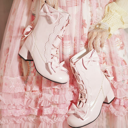 Decor Lolita with Boots Scalloped PU Edges Pink Sweet Bow
