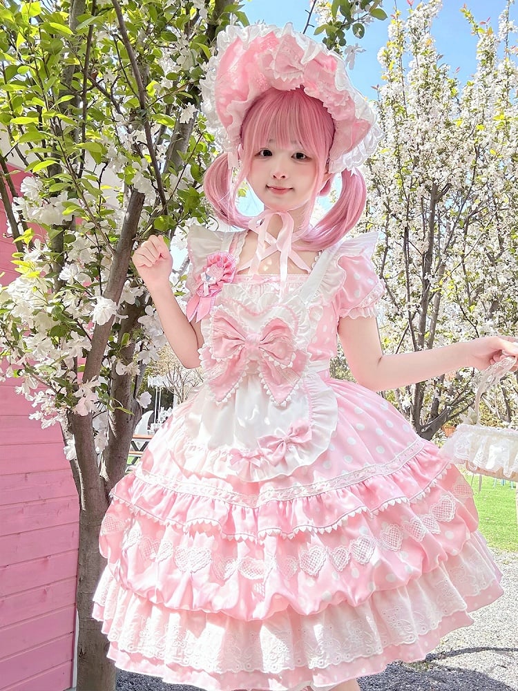 Punkte Quadrat Schürze Weiß Kurze Polka Kleid Lolita mit Ärmeln Ausschnitt Rosa