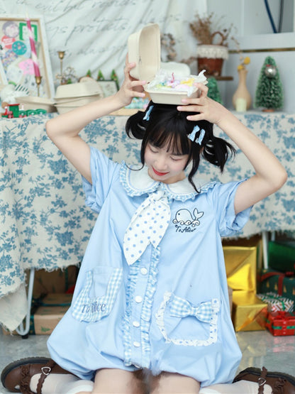 Blue Peter Pan Collar Whale Pattern  Bowknots Bubble Skirt Dress