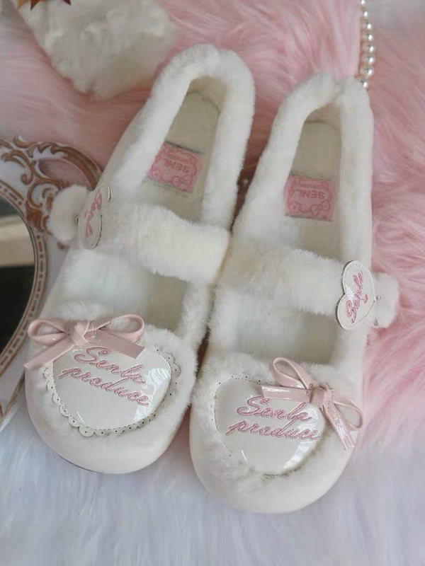 Ballerinas mit Herz- und Buchstaben-Akzenten, süßes PU, Beige, gemütliches Fleece-Futter