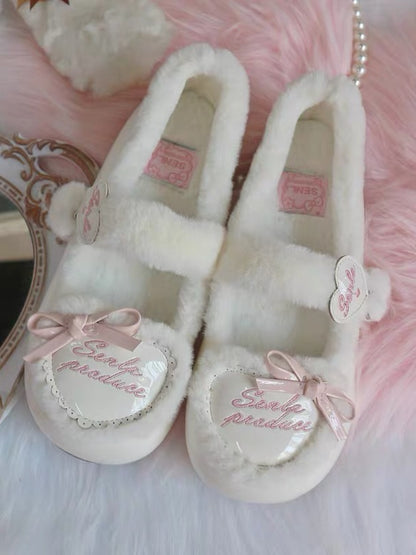 Ballerinas mit Herz- und Buchstaben-Akzenten, süßes PU, Beige, gemütliches Fleece-Futter