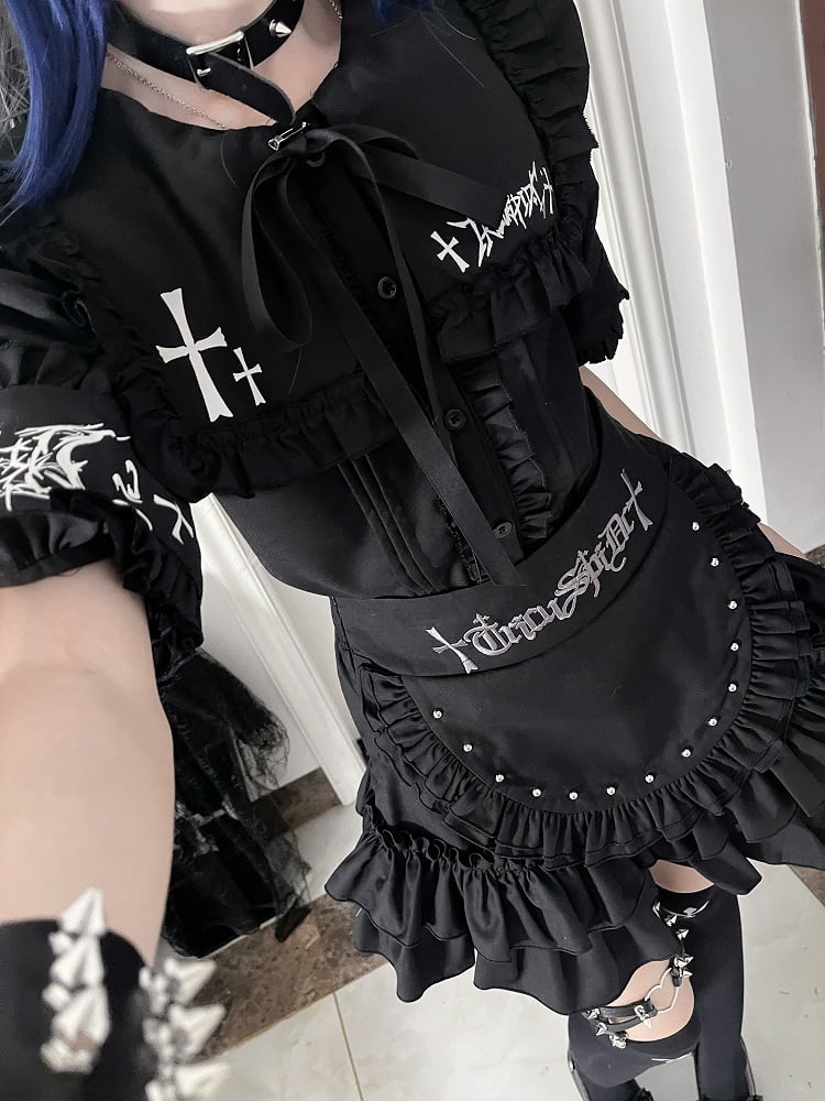 Tie Black Ruffle Lacing Bow Back Metal with Gothic Front Sleeve Short Trimmed Eyelet Top