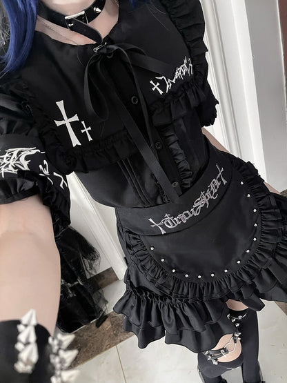 Tie Black Ruffle Lacing Bow Back Metal with Gothic Front Sleeve Short Trimmed Eyelet Top