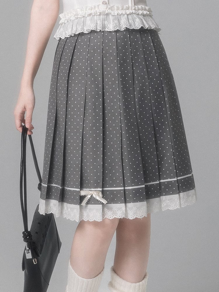 Aesthetic Dot Lace Pleated Skirt With Gray Polka Trim