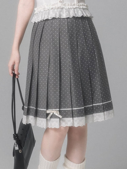 Aesthetic Dot Lace Pleated Skirt With Gray Polka Trim