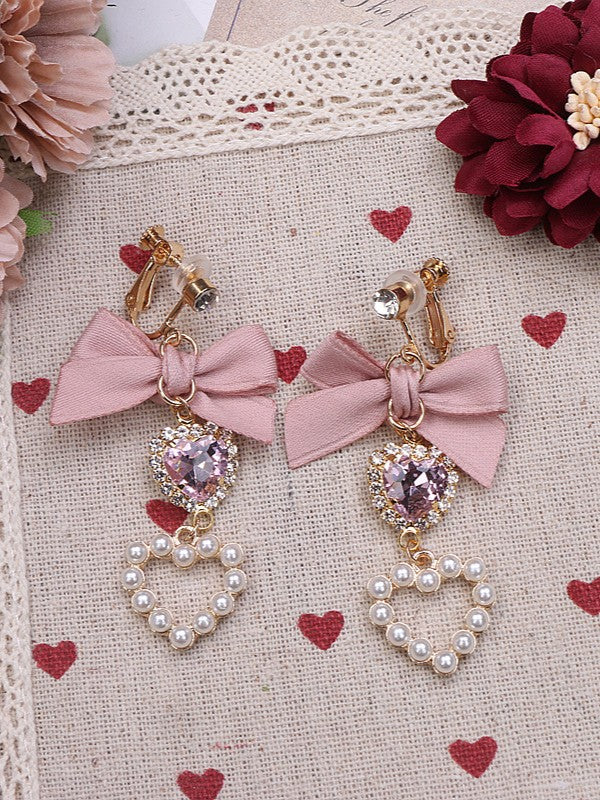 Kei Jirai Earrings Heart Rhinestone Bowknot