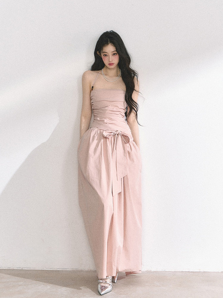 Pink/Graues Neckholderkleid mit Rüschendesign und Schleife zum Selbstbinden