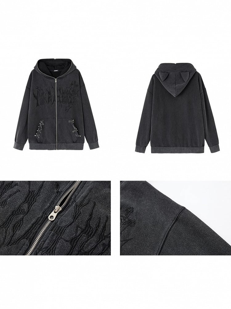 Pin Details Cat Embroidery Safety Punk Jacket Cross Hoodie Ear Black with