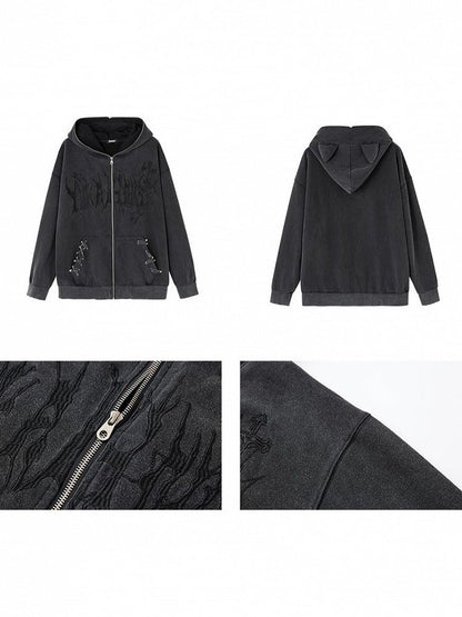 Pin Details Cat Embroidery Safety Punk Jacket Cross Hoodie Ear Black with