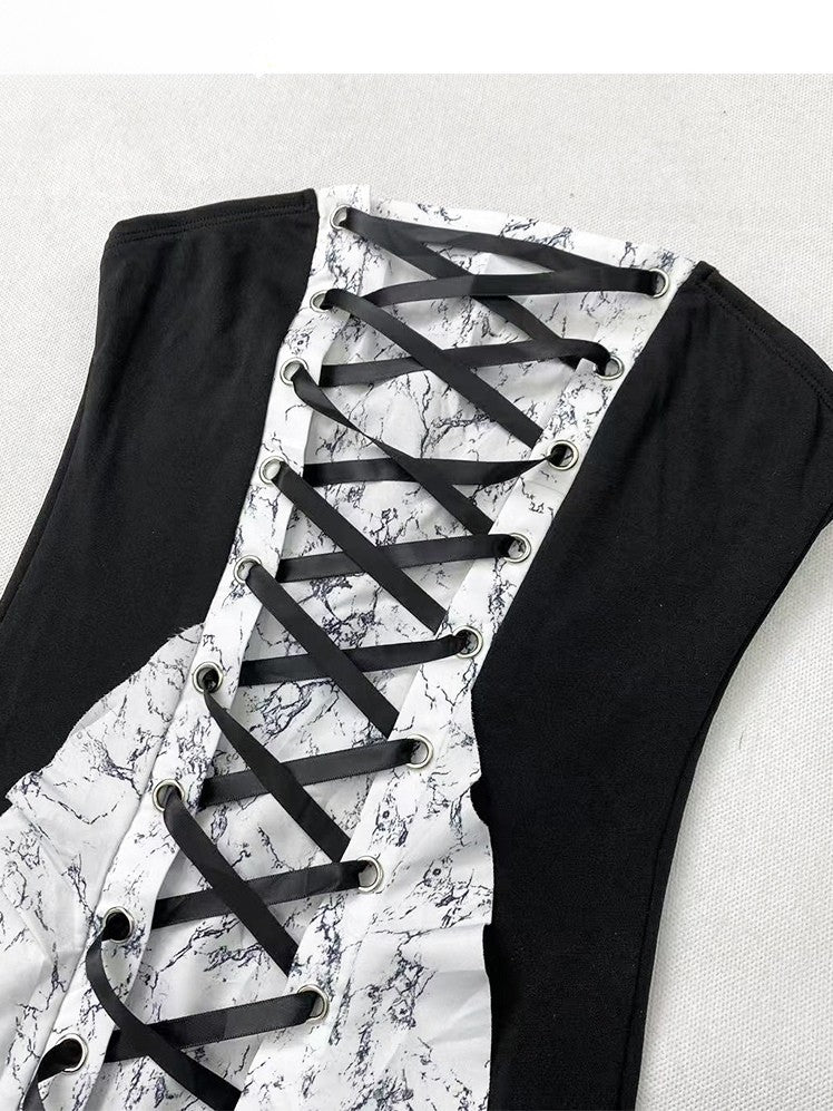 Strapless BlackWhite Glamorous Y2K Trim Lace-up Cascading Detail Dress Ruffle