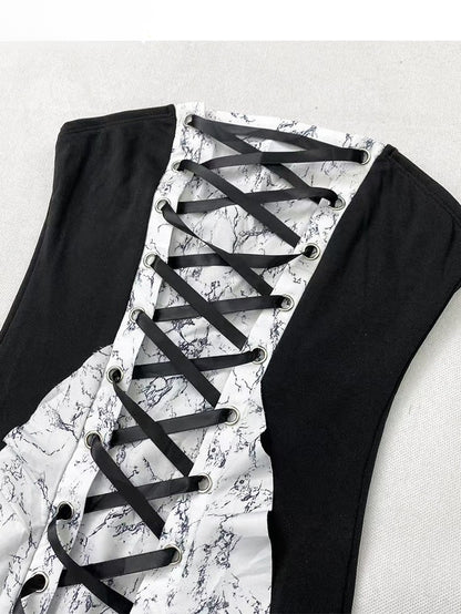 Strapless BlackWhite Glamorous Y2K Trim Lace-up Cascading Detail Dress Ruffle