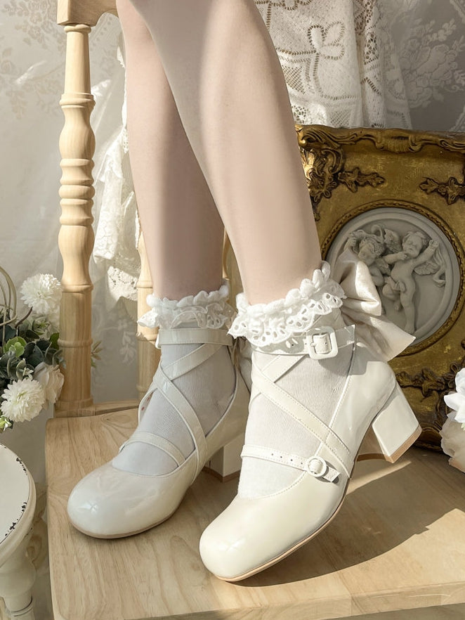Round White Mary - Accent Design Crisscross Sweet Shoes Toe Jane Bow