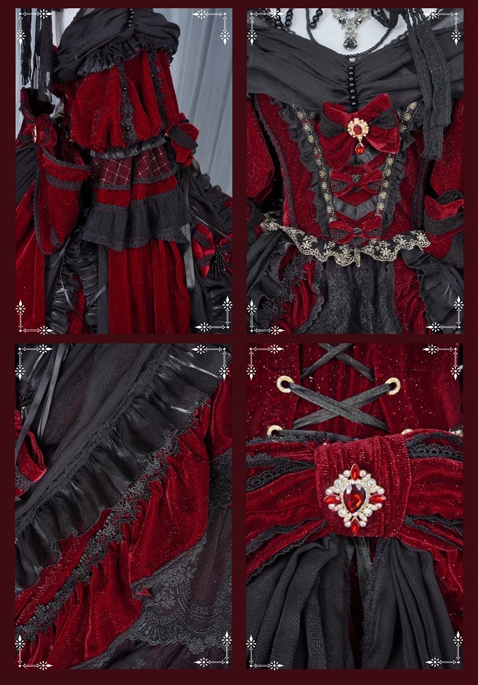 and Hanayome Dress Black Ruffle High-low Lolita Cascading Shimmering Velvet Red