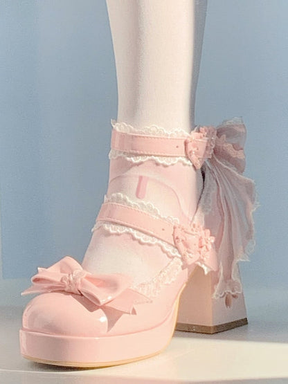 with - Heel Cherry Accents PU Heart Janes High Mary Lolita Platform Buckle Blossom Block Sweet Cutout Bow Pink